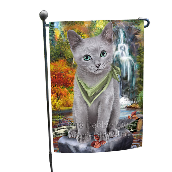 Scenic Waterfall Russian Blue Cat Garden Flag GFLG51942