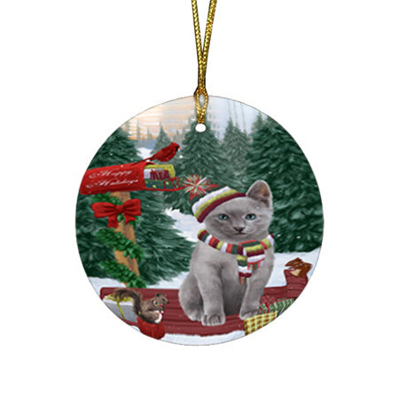 Merry Christmas Woodland Sled Russian Blue Cat Round Flat Christmas Ornament RFPOR55371