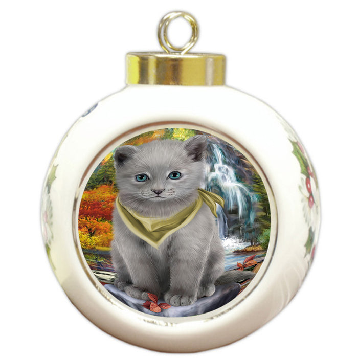 Scenic Waterfall Russian Blue Cat Round Ball Christmas Ornament RBPOR51946