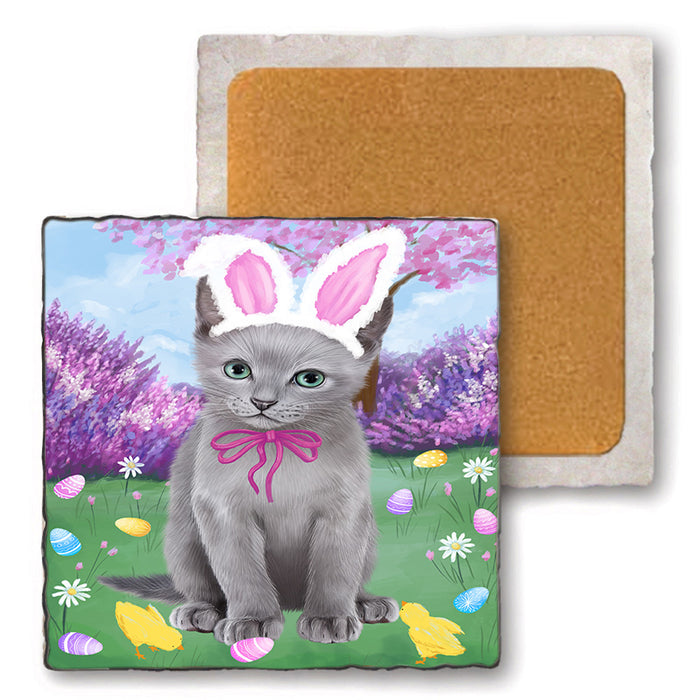 Easter Holiday Russian Blue Cat Set of 4 Natural Stone Marble Tile Coasters MCST51932