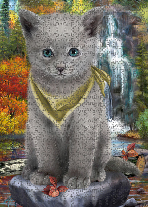 Scenic Waterfall Russian Blue Cat Puzzle with Photo Tin PUZL59925