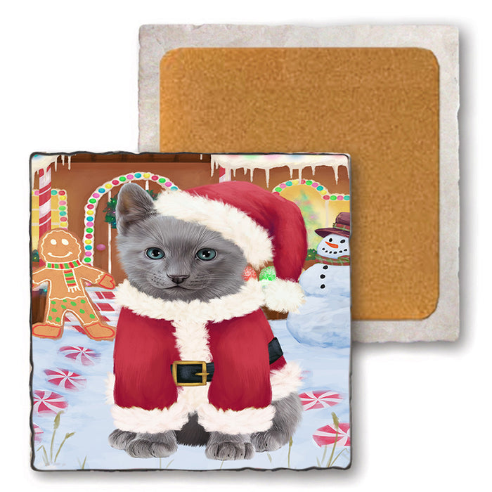 Christmas Gingerbread House Candyfest Russian Blue Cat Set of 4 Natural Stone Marble Tile Coasters MCST51522