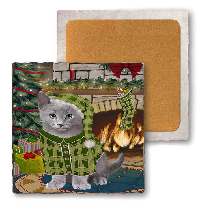 The Stocking was Hung Russian Blue Cat Set of 4 Natural Stone Marble Tile Coasters MCST50588