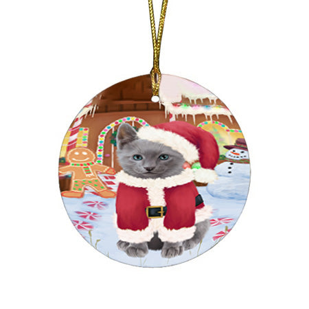 Christmas Gingerbread House Candyfest Russian Blue Cat Round Flat Christmas Ornament RFPOR56878