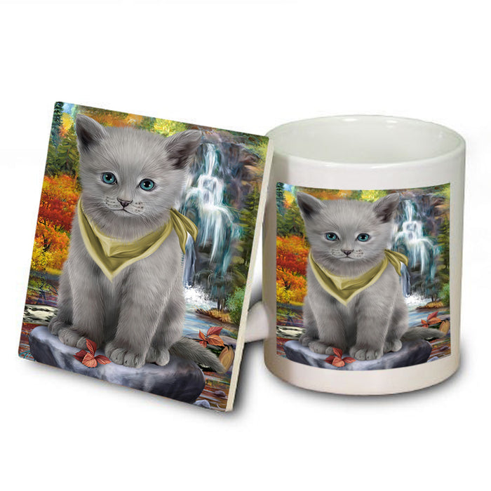 Scenic Waterfall Russian Blue Cat Mug and Coaster Set MUC51938