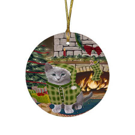 The Stocking was Hung Russian Blue Cat Round Flat Christmas Ornament RFPOR55944