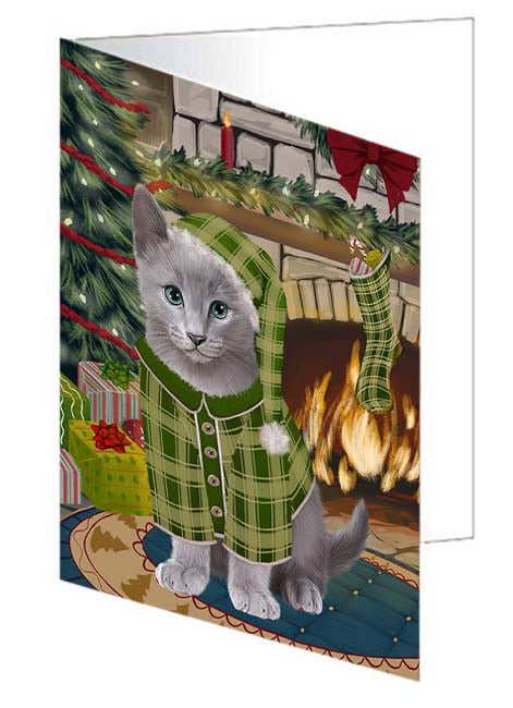 The Stocking was Hung Russian Blue Cat Handmade Artwork Assorted Pets Greeting Cards and Note Cards with Envelopes for All Occasions and Holiday Seasons GCD71279