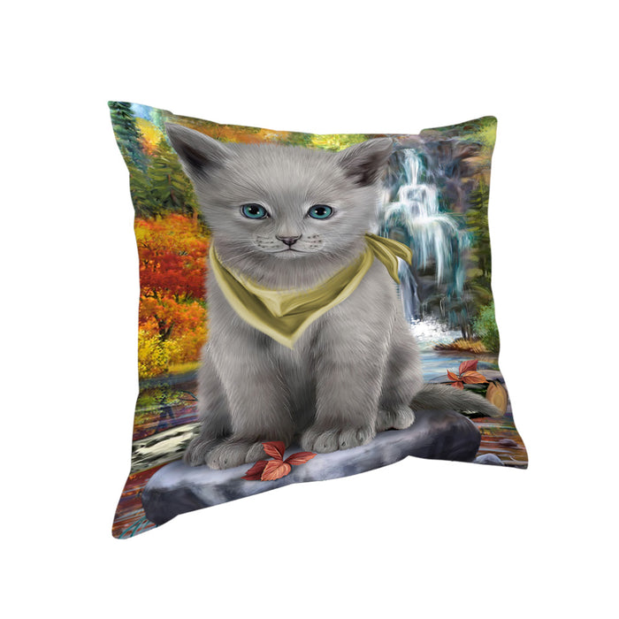 Scenic Waterfall Russian Blue Cat Pillow PIL64148