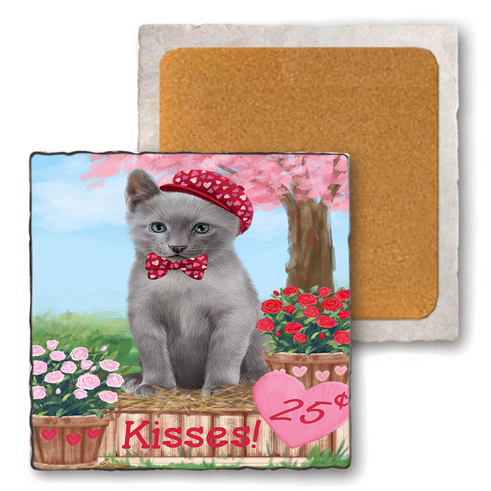 Rosie 25 Cent Kisses Russian Blue Cat Set of 4 Natural Stone Marble Tile Coasters MCST51013