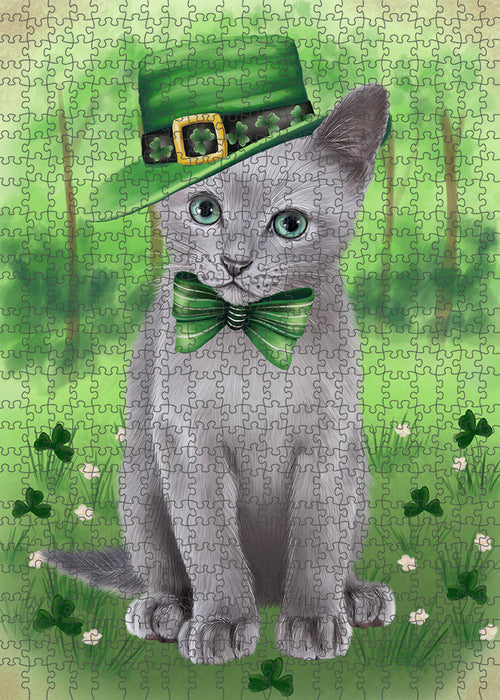St. Patricks Day Irish Portrait Russian Blue Cat Portrait Jigsaw Puzzle for Adults Animal Interlocking Puzzle Game Unique Gift for Dog Lover's with Metal Tin Box PZL079