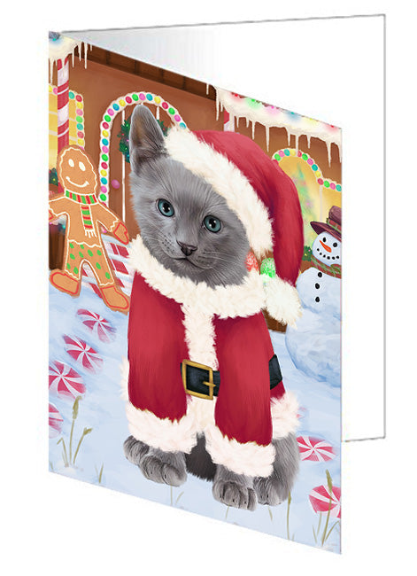 Christmas Gingerbread House Candyfest Russian Blue Cat Handmade Artwork Assorted Pets Greeting Cards and Note Cards with Envelopes for All Occasions and Holiday Seasons GCD74081