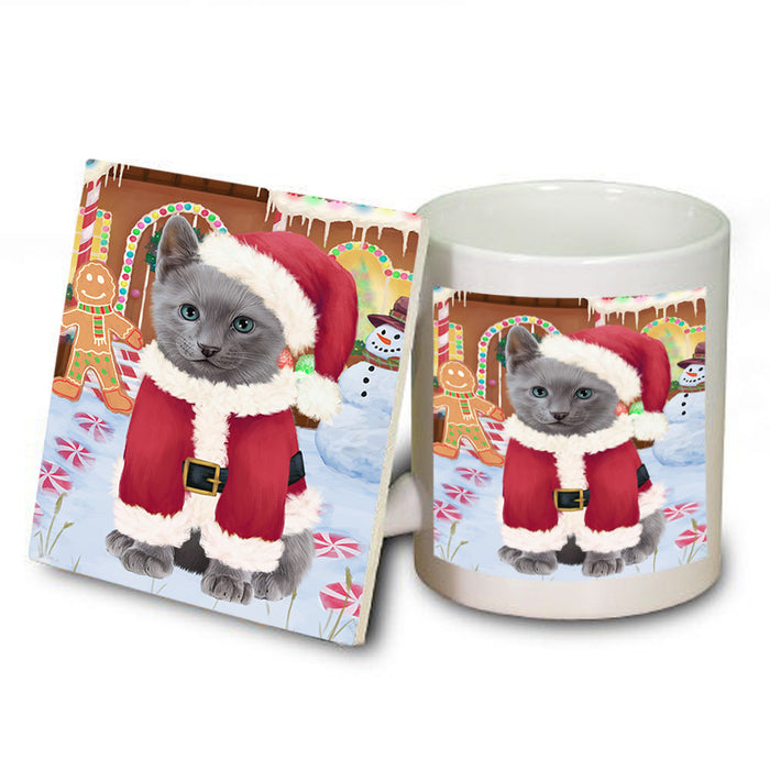 Christmas Gingerbread House Candyfest Russian Blue Cat Mug and Coaster Set MUC56514