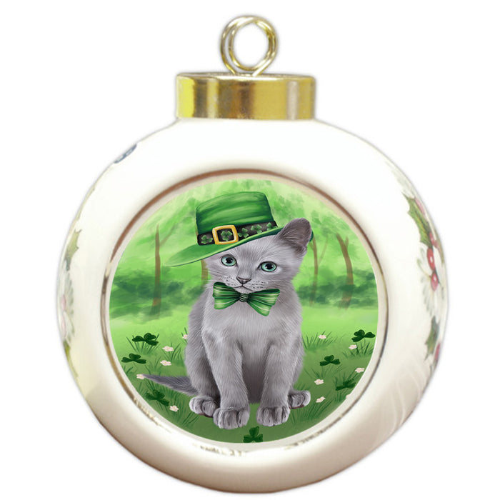 St. Patricks Day Irish Portrait Russian Blue Cat Round Ball Christmas Ornament RBPOR58163