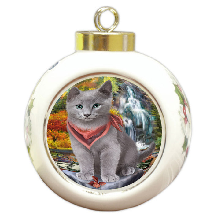 Scenic Waterfall Russian Blue Cat Round Ball Christmas Ornament RBPOR51947