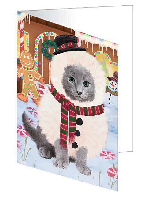Christmas Gingerbread House Candyfest Russian Blue Cat Handmade Artwork Assorted Pets Greeting Cards and Note Cards with Envelopes for All Occasions and Holiday Seasons GCD74084