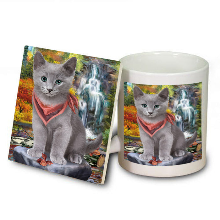 Scenic Waterfall Russian Blue Cat Mug and Coaster Set MUC51939
