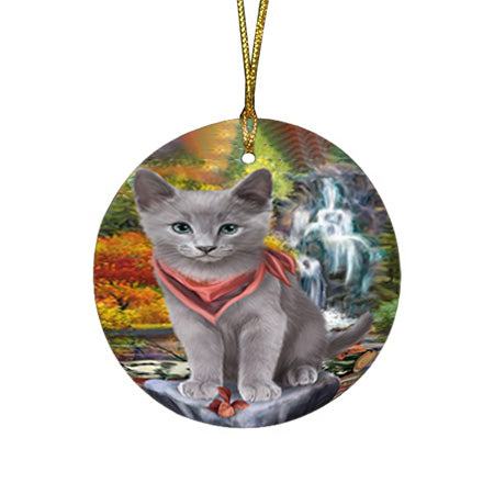 Scenic Waterfall Russian Blue Cat Round Flat Christmas Ornament RFPOR51938