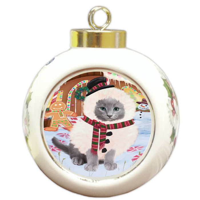 Christmas Gingerbread House Candyfest Russian Blue Cat Round Ball Christmas Ornament RBPOR56879