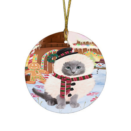 Christmas Gingerbread House Candyfest Russian Blue Cat Round Flat Christmas Ornament RFPOR56879