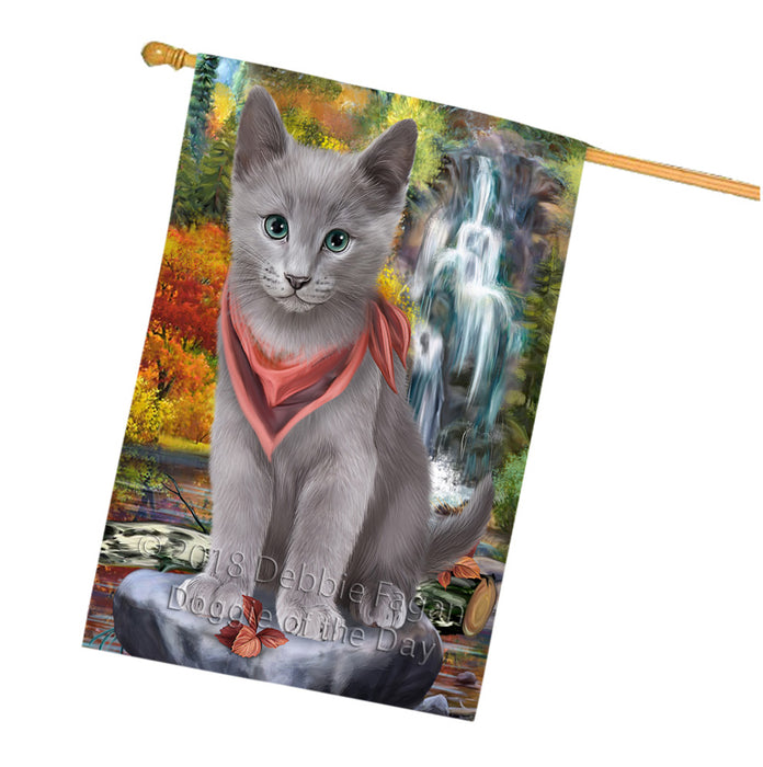 Scenic Waterfall Russian Blue Cat House Flag FLG52080