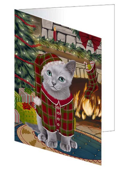 The Stocking was Hung Russian Blue Cat Handmade Artwork Assorted Pets Greeting Cards and Note Cards with Envelopes for All Occasions and Holiday Seasons GCD71282