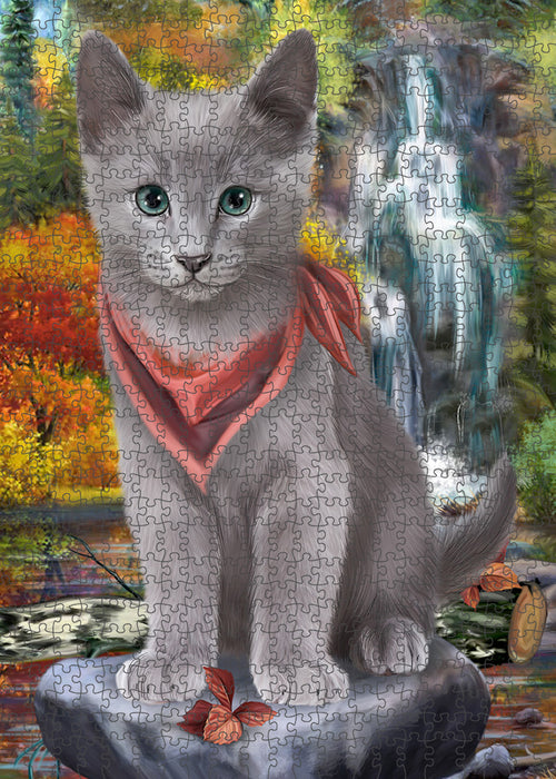 Scenic Waterfall Russian Blue Cat Puzzle with Photo Tin PUZL59928