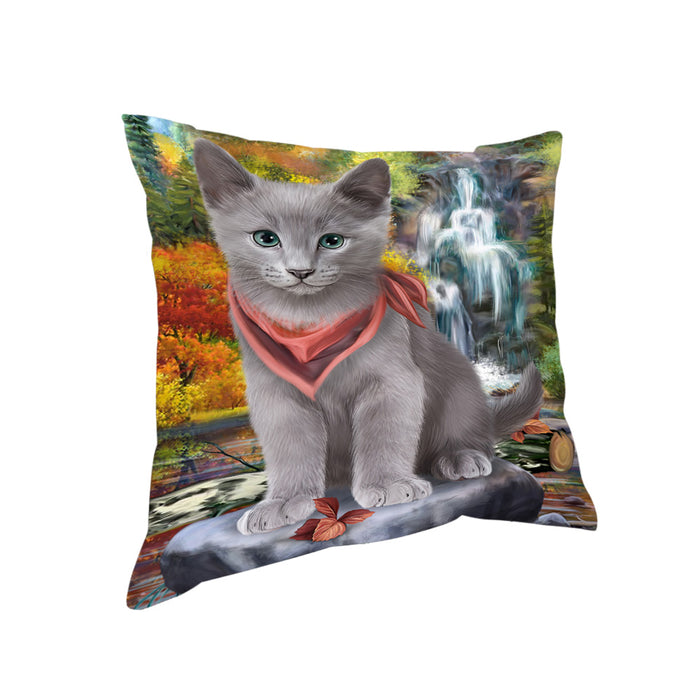 Scenic Waterfall Russian Blue Cat Pillow PIL64152