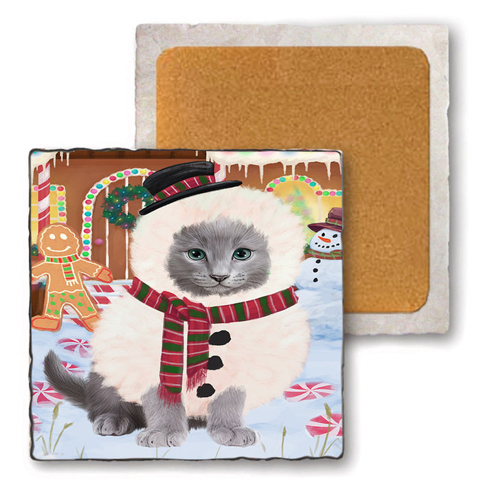 Christmas Gingerbread House Candyfest Russian Blue Cat Set of 4 Natural Stone Marble Tile Coasters MCST51523