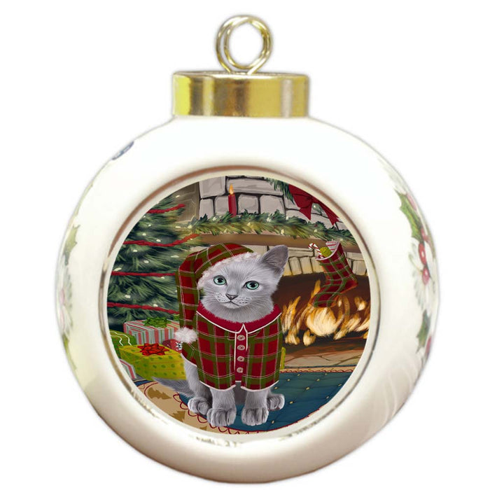 The Stocking was Hung Russian Blue Cat Round Ball Christmas Ornament RBPOR55945