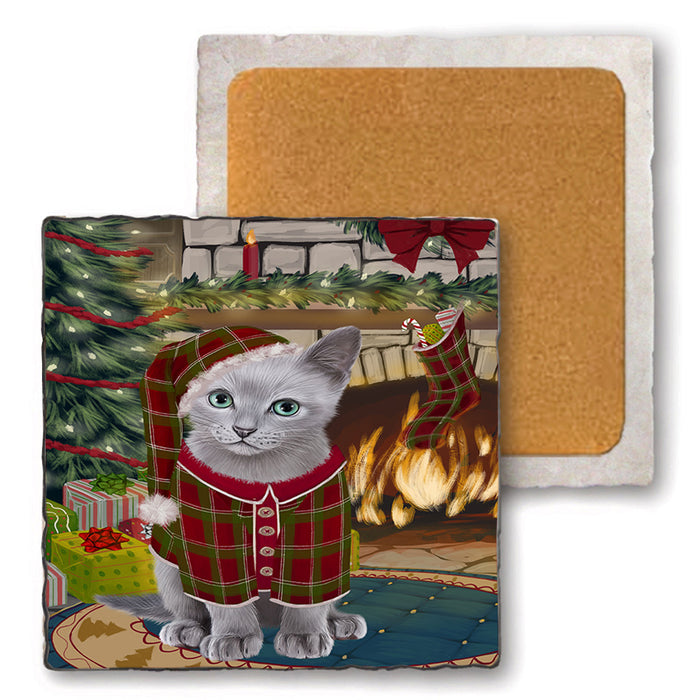 The Stocking was Hung Russian Blue Cat Set of 4 Natural Stone Marble Tile Coasters MCST50589