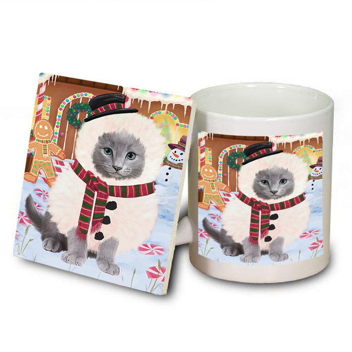 Christmas Gingerbread House Candyfest Russian Blue Cat Mug and Coaster Set MUC56515