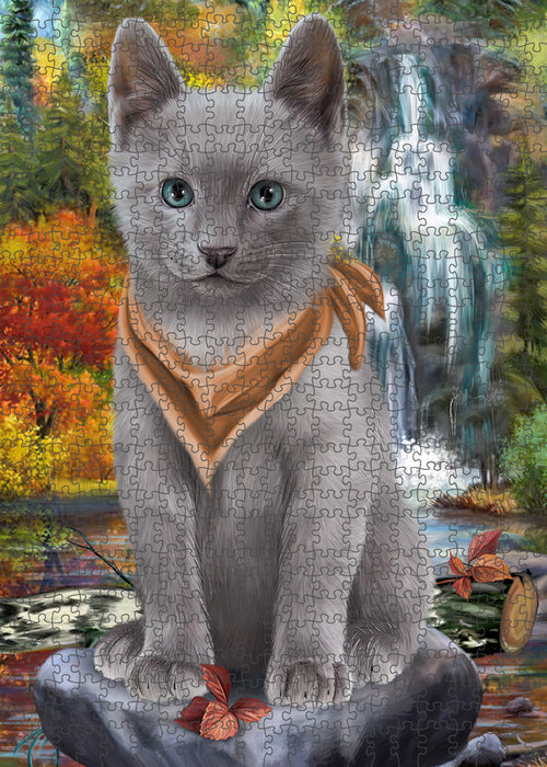 Scenic Waterfall Russian Blue Cat Puzzle with Photo Tin PUZL59931