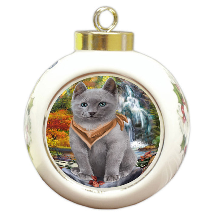 Scenic Waterfall Russian Blue Cat Round Ball Christmas Ornament RBPOR51948