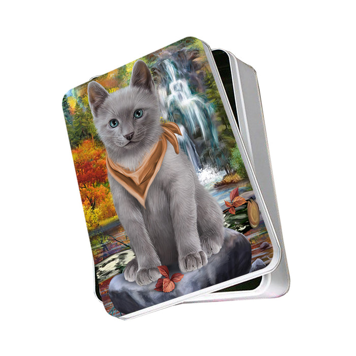 Scenic Waterfall Russian Blue Cat Photo Storage Tin PITN52000