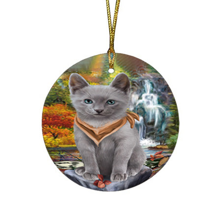 Scenic Waterfall Russian Blue Cat Round Flat Christmas Ornament RFPOR51939
