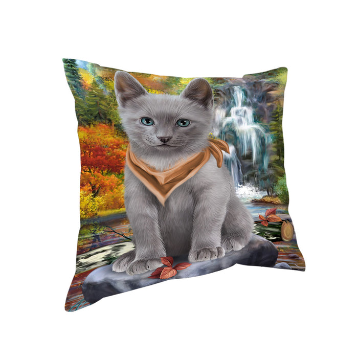 Scenic Waterfall Russian Blue Cat Pillow PIL64156