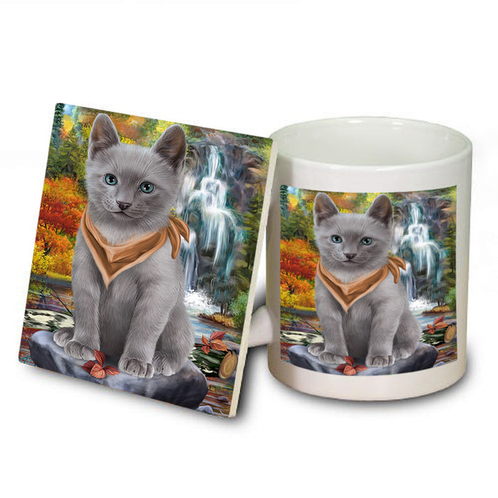 Scenic Waterfall Russian Blue Cat Mug and Coaster Set MUC51940