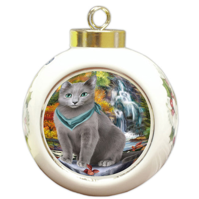 Scenic Waterfall Russian Blue Cat Round Ball Christmas Ornament RBPOR51949