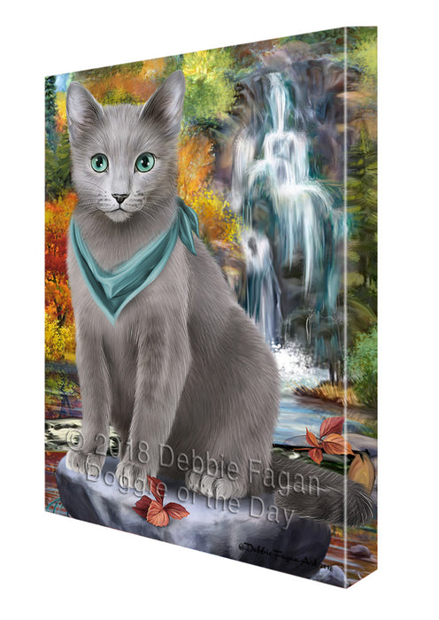 Scenic Waterfall Russian Blue Cat Canvas Print Wall Art Décor CVS84806