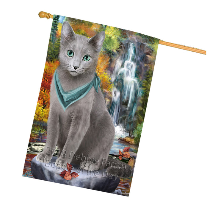Scenic Waterfall Russian Blue Cat House Flag FLG52082