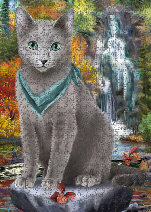 Scenic Waterfall Russian Blue Cat Puzzle with Photo Tin PUZL59934