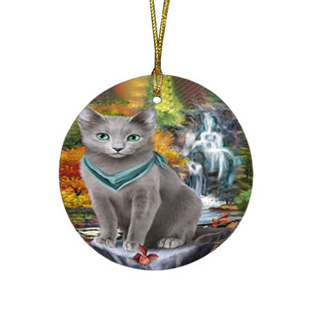 Scenic Waterfall Russian Blue Cat Round Flat Christmas Ornament RFPOR51940