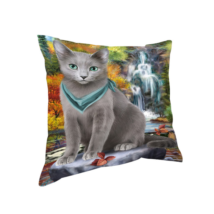 Scenic Waterfall Russian Blue Cat Pillow PIL64160