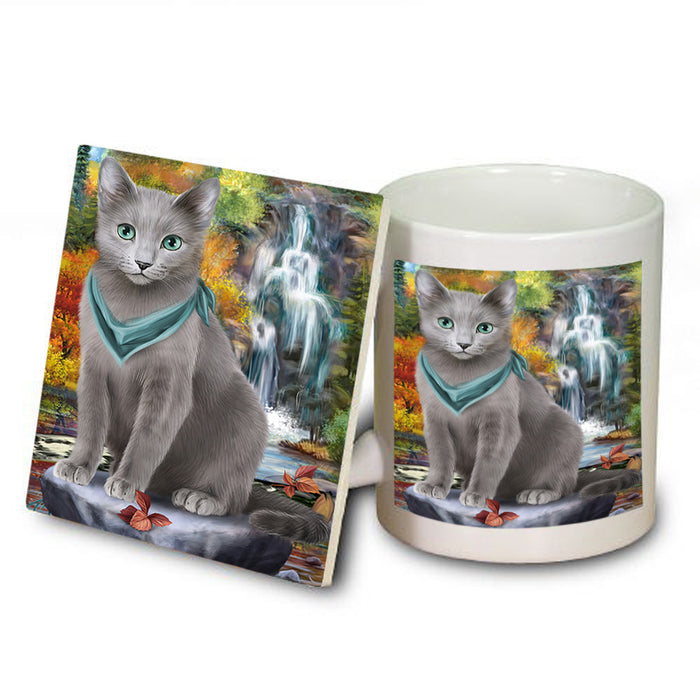 Scenic Waterfall Russian Blue Cat Mug and Coaster Set MUC51941