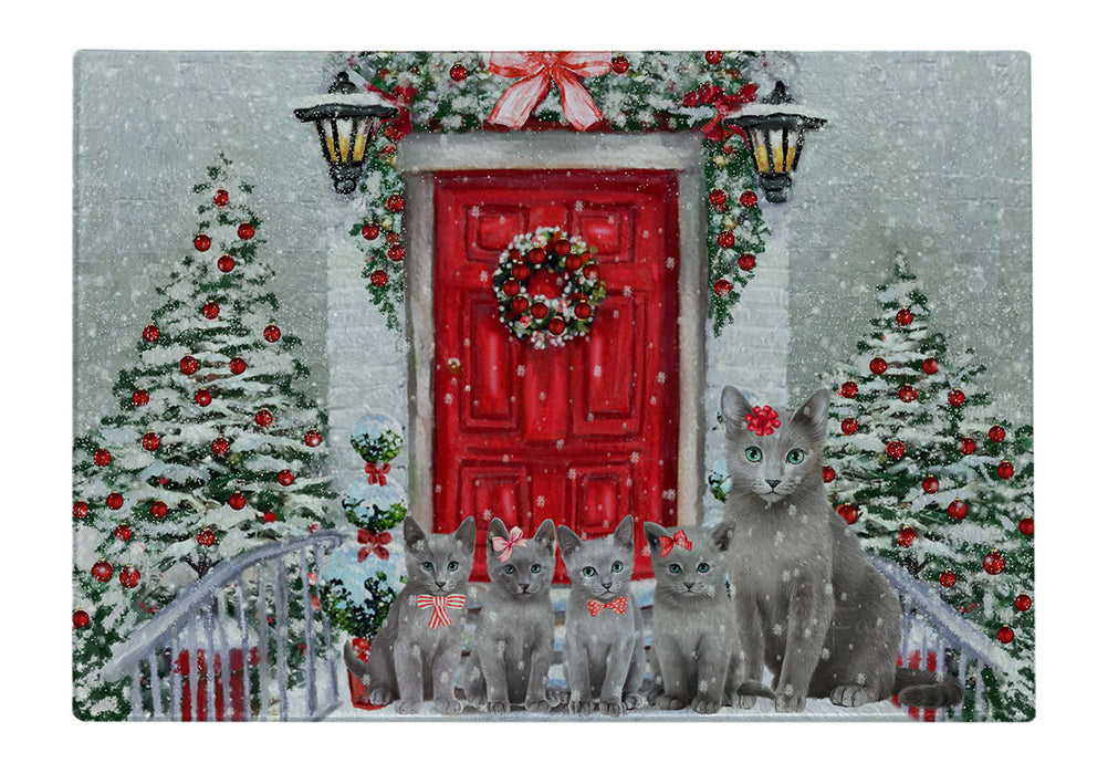 Christmas Holiday Welcome Russian Blue Cats Cutting Board - For Kitchen - Scratch & Stain Resistant - Designed To Stay In Place - Easy To Clean By Hand - Perfect for Chopping Meats, Vegetables