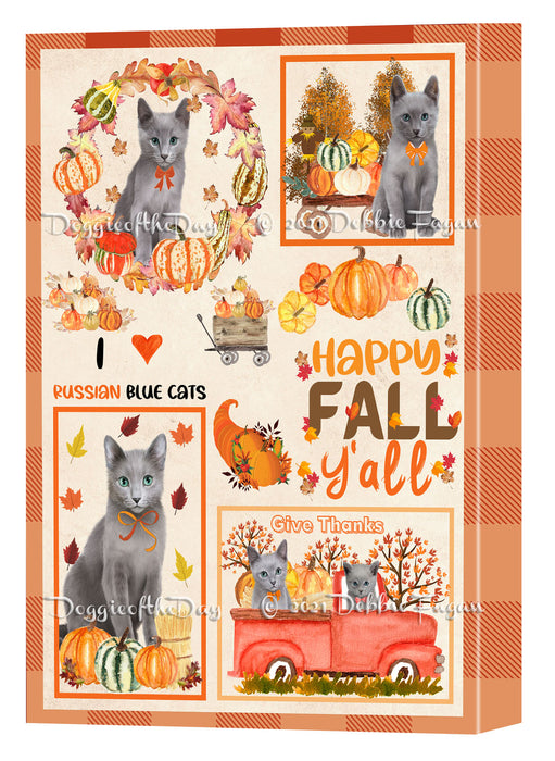 Happy Fall Y'all Pumpkin Russian Blue Cats Canvas Wall Art - Premium Quality Ready to Hang Room Decor Wall Art Canvas - Unique Animal Printed Digital Painting for Decoration