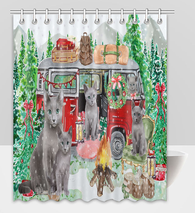 Christmas Time Camping with Russian Blue Cats Shower Curtain Pet Painting Bathtub Curtain Waterproof Polyester One-Side Printing Decor Bath Tub Curtain for Bathroom with Hooks