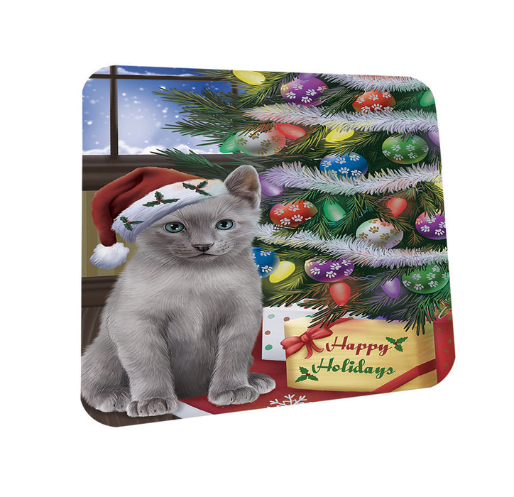 Christmas Happy Holidays Russian Blue Cat with Tree and Presents Coasters Set of 4 CST53428