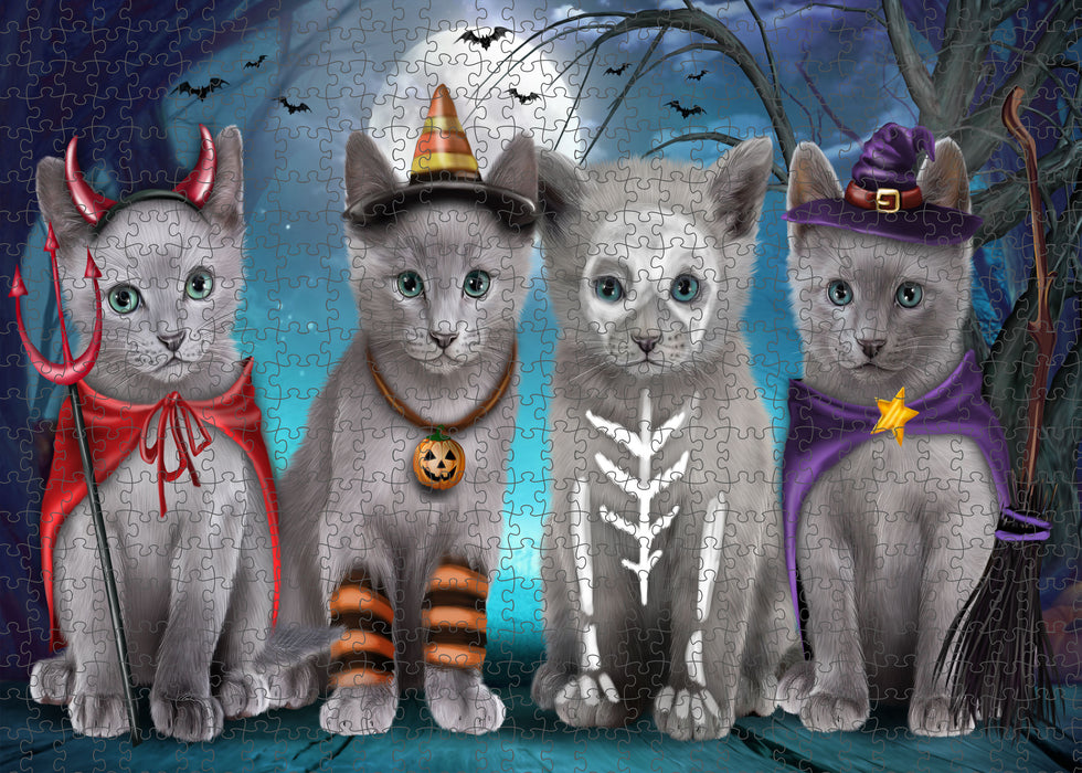 Happy Halloween Trick or Treat Russian Blue Cats Portrait Jigsaw Puzzle for Adults Animal Interlocking Puzzle Game Unique Gift for Dog Lover's with Metal Tin Box