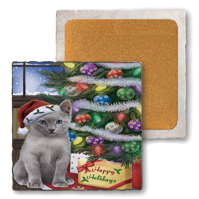 Christmas Happy Holidays Russian Blue Cat with Tree and Presents Set of 4 Natural Stone Marble Tile Coasters MCST48470